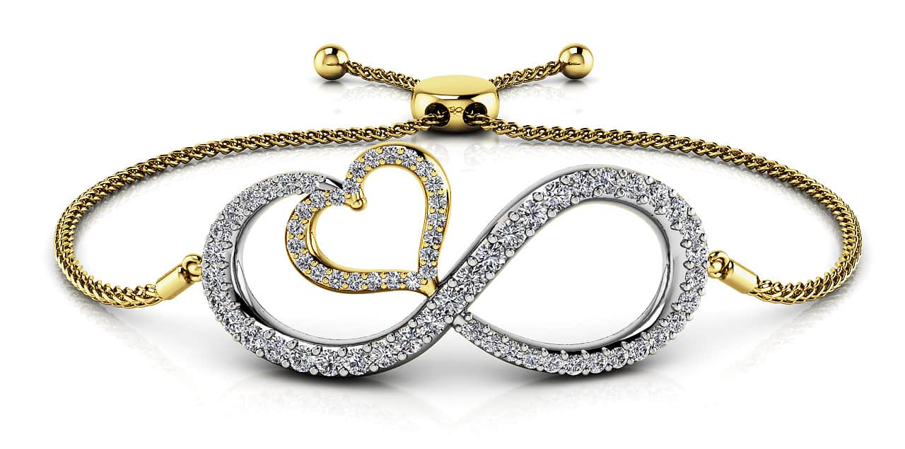 Infinite Love Diamond Heart Adjustable Bracelet In Platinum Or Gold